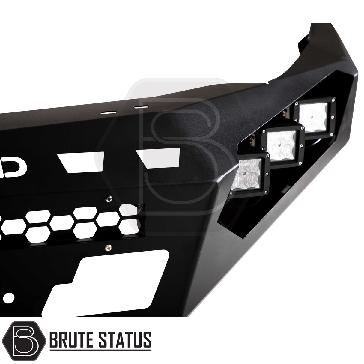 heavy-duty front winch bumper, premium matte black steel off-road bumper with integrated LED lights and TUV-certified construction.