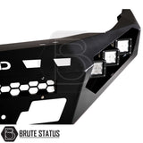 heavy-duty front winch bumper, premium matte black steel off-road bumper with integrated LED lights and TUV-certified construction.