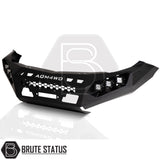 aftermarket winch bumper in matte black, heavy-duty carbon steel front bumper with winch compatibility, LED lights and rugged off-road protection.