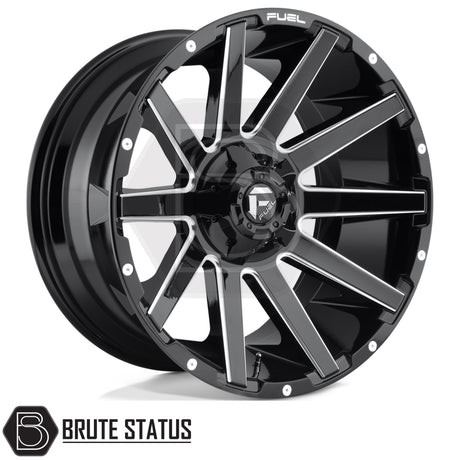 Fuel Contra Platinum gloss black milled alloy wheels, premium aftermarket 4x4 wheels available in 20-inch and 22-inch sizes with 6x139.7 bolt pattern.