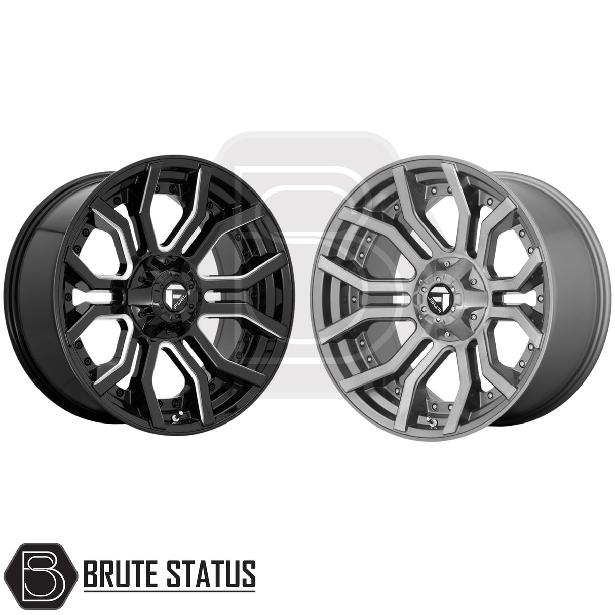 Fuel Rage gloss black milled alloy wheels, premium 20-inch aftermarket wheels with 6x139.7 bolt pattern for pickups and SUVs.