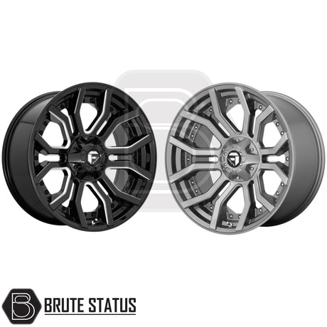 Fuel Rage gloss black milled alloy wheels, premium 20-inch aftermarket wheels with 6x139.7 bolt pattern for pickups and SUVs.