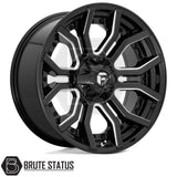 Fuel Rage 20x9 alloy wheel set in brushed gunmetal grey or gloss black milled, heavy-duty off-road wheels for 4x4 vehicles.