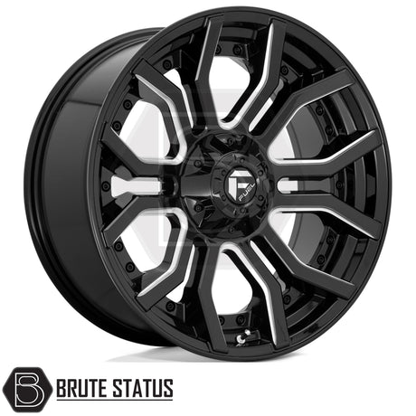 Fuel Rage 20x9 alloy wheel set in brushed gunmetal grey or gloss black milled, heavy-duty off-road wheels for 4x4 vehicles.