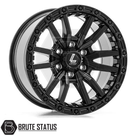 Lenso Valor alloy wheel in matte black finish, available in 17x9, 18x9 or 20x9 size with ET12 offset, 6x139.7 PCD and 106 centre bore, suitable for pickup trucks and off-road vehicles.