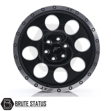 JR Wheels JRX4 alloy wheel in Matt Black with polished lip, available in multiple bolt patterns and offsets. Sizes include 16x9 ET0 6x139.7, 16x9 ET-10 6x114.3, 17x8.5 ET20 6x139.7, 17x8.5 ET20 6x114.3, 18x9 ET20 6x139.7. Comes as a set of 4 and includes internal drive wheel nuts.