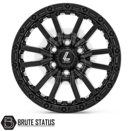 Lenso Valor alloy wheel in matte black finish, available in 17x9, 18x9 or 20x9 size with ET12 offset, 6x139.7 PCD and 106 centre bore, suitable for pickup trucks and off-road vehicles.