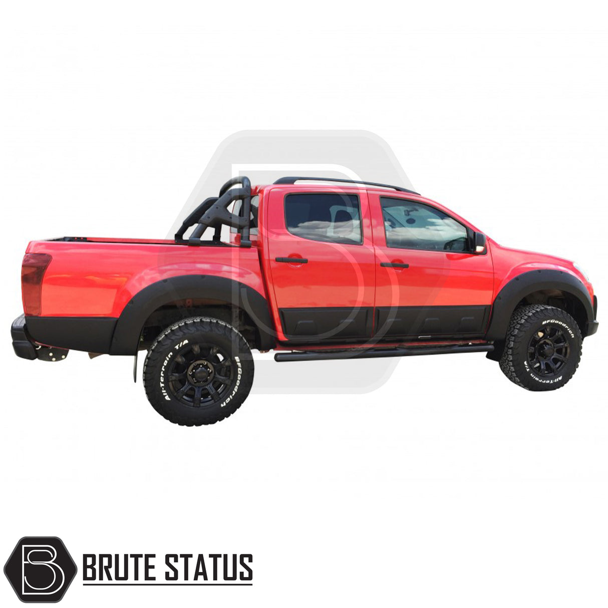 Wide arch kit fitted on Isuzu D-Max Double Cab (2012–2015 pre-facelift), featuring aggressive fender flares in matte black ABS plastic for off-road styling and enhanced stance.