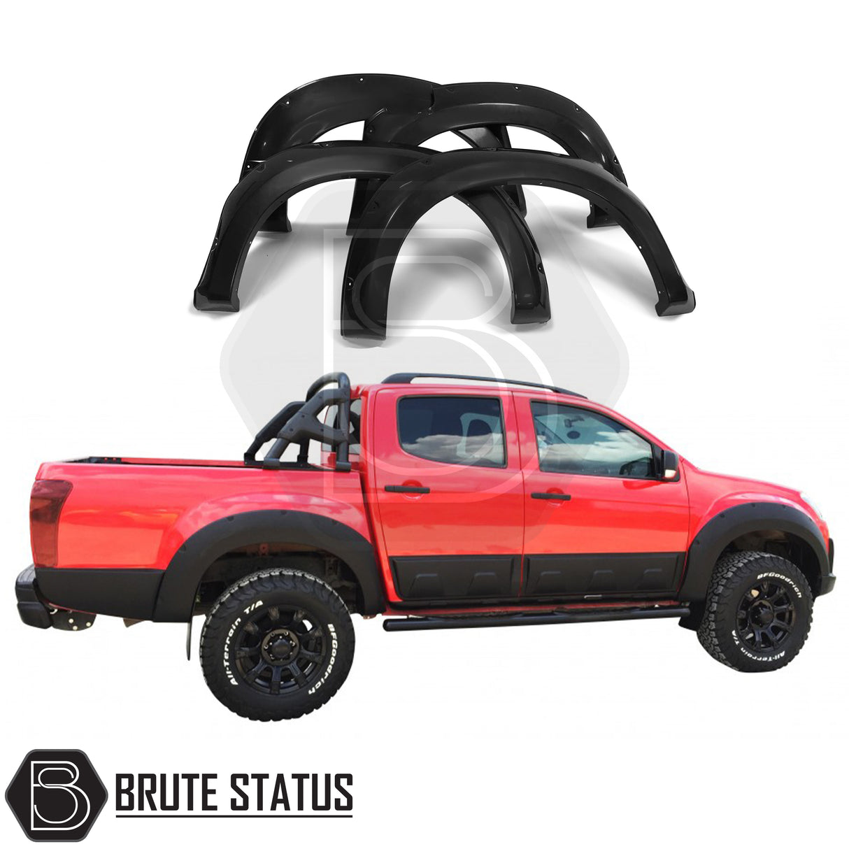 Wide arch kit fitted on Isuzu D-Max Double Cab (2012–2015 pre-facelift), featuring aggressive fender flares in matte black ABS plastic for off-road styling and enhanced stance.