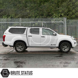 Isuzu D-Max 2012-2021 Truckman GLS Hardtop Canopy with remote locking and roof bars on a white pickup, showcasing Brute Status's aftermarket design.