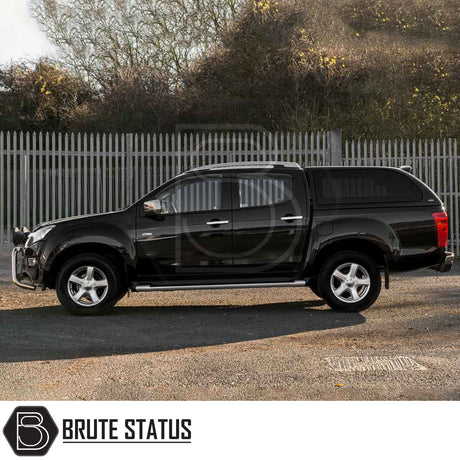 Isuzu D-Max 2012-2021 Truckman Grand Hardtop Canopy with remote locking, featuring a cab-high design and tinted windows on a black pickup truck.