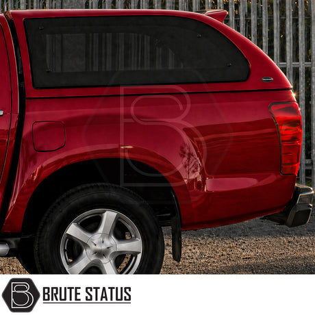 Heavy Duty hardtop cover canopy colour matched fitted to Garnet Red Isuzu D-Max pickup truck offroad 4x4 vehicle. Suitable for secure overlanding set ups. 