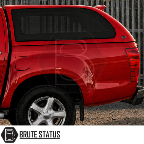 Heavy Duty hardtop cover canopy colour matched fitted to Magma Red Isuzu D-Max pickup truck offroad 4x4 vehicle. Suitable for secure overlanding set ups. All hardware included. 