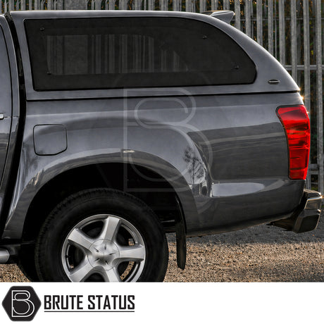 Heavy Duty hardtop cover canopy colour matched fitted to Mineral Grey Isuzu D-Max pickup truck offroad 4x4 vehicle. Suitable for secure overlanding set ups. 