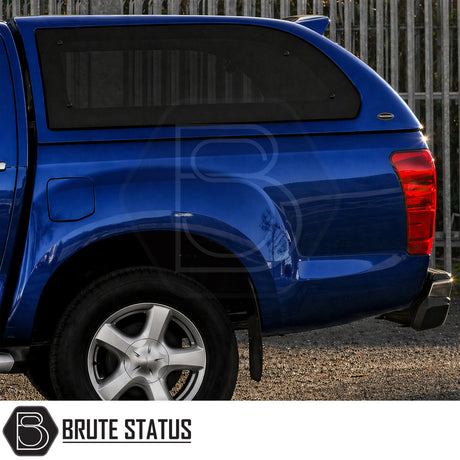 Heavy Duty hardtop cover canopy colour matched fitted to Sapphire Blue Isuzu D-Max pickup truck offroad 4x4 vehicle. Suitable for secure overlanding set ups. 