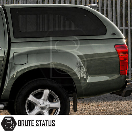 Heavy Duty hardtop cover canopy colour matched fitted to Tundra Green Isuzu D-Max pickup truck offroad 4x4 vehicle. Suitable for secure overlanding set ups. 