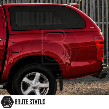Heavy Duty hardtop cover canopy colour matched fitted to Venetian Red Isuzu D-Max pickup truck offroad 4x4 vehicle. Suitable for secure overlanding set ups. 
