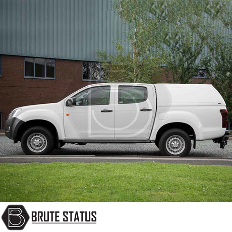 Isuzu D-Max 2012-2021 Truckman RS Hardtop Canopy with glazed rear window and remote locking, solid-sided for security, parked by an industrial building.