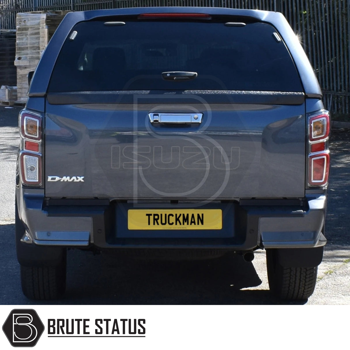 Isuzu D-Max 2012-2024 Truckman RS Hardtop Canopy with solid rear window and remote locking, fitted on a pickup, featuring a chrome tailgate handle and “D-MAX” badge.
