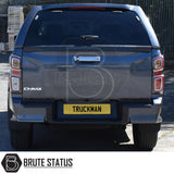 Isuzu D-Max 2012-2024 Truckman RS Hardtop Canopy with solid rear window and remote locking, fitted on a pickup, featuring a chrome tailgate handle and “D-MAX” badge.