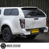Rear view of Isuzu D-Max  with Truckman GLS Hardtop Canopy, featuring tinted windows and Brute Status branding, showcasing secure, stylish aftermarket customization.