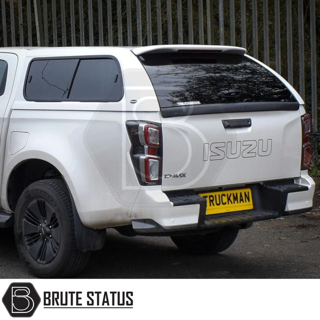 Rear view of Isuzu D-Max  with Truckman GLS Hardtop Canopy, featuring tinted windows and Brute Status branding, showcasing secure, stylish aftermarket customization.