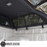 Isuzu D-Max Truckman GLS Hardtop Canopy with remote locking, featuring a carpet-lined interior, sliding tinted windows, and gas-strut-supported hatch in pickup bed.