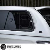 Isuzu D-Max Truckman GLS Hardtop Canopy with tinted sliding window, Truckman badge, and Brute Status logo watermark, showcasing luxury remote-locking canopy features.