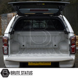 Isuzu D-Max  Truckman GLS Hardtop Canopy, featuring remote locking, open tailgate, and canopy rear window lifted for easy access to the empty bed.