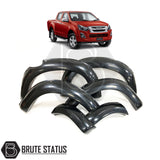 Wide arch kit for Isuzu D-Max 2016-2019, ABS plastic fender flares, smooth black finish, reversible fit, no drilling required, includes all installation hardware.