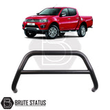 Matte black city bar fitted to a 2006–2014 Series 4 L200, made from durable carbon steel to enhance styling and provide bumper protection, featuring a TÜV-certified, no-drill, DIY installation using chassis-mounted U-brackets.