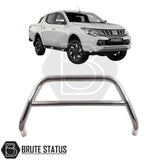 Chrome bull bar fitted to a 2015-2019 Series 5 L200, made from durable carbon steel to enhance styling and provide bumper protection, featuring a TÜV-certified, no-drill, DIY installation using chassis-mounted U-brackets.