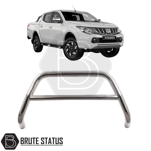 Chrome bull bar fitted to a 2015-2019 Series 5 L200, made from durable carbon steel to enhance styling and provide bumper protection, featuring a TÜV-certified, no-drill, DIY installation using chassis-mounted U-brackets.