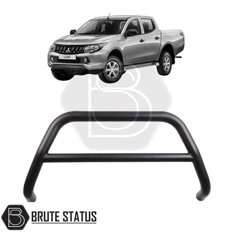 Matte black city bar fitted to a Series 5 L200, made from durable carbon steel to enhance styling and provide bumper protection, featuring a TÜV-certified, no-drill, DIY installation using chassis-mounted U-brackets.