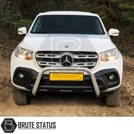 Chrome A-Bar nudge bar for Mercedes X-Class pickup truck (2017–2020), designed for bumper protection and enhanced styling.