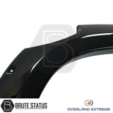 Overland Extreme Mercedes X-Class wheel arch extension kit with gloss black finish and weather-tight rubber seal mounting system.