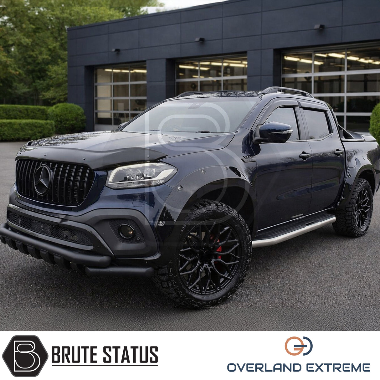 Mercedes X-Class 2017-2020 Overland Extreme arch flares in gloss black, premium aftermarket styling upgrade with riveted design.