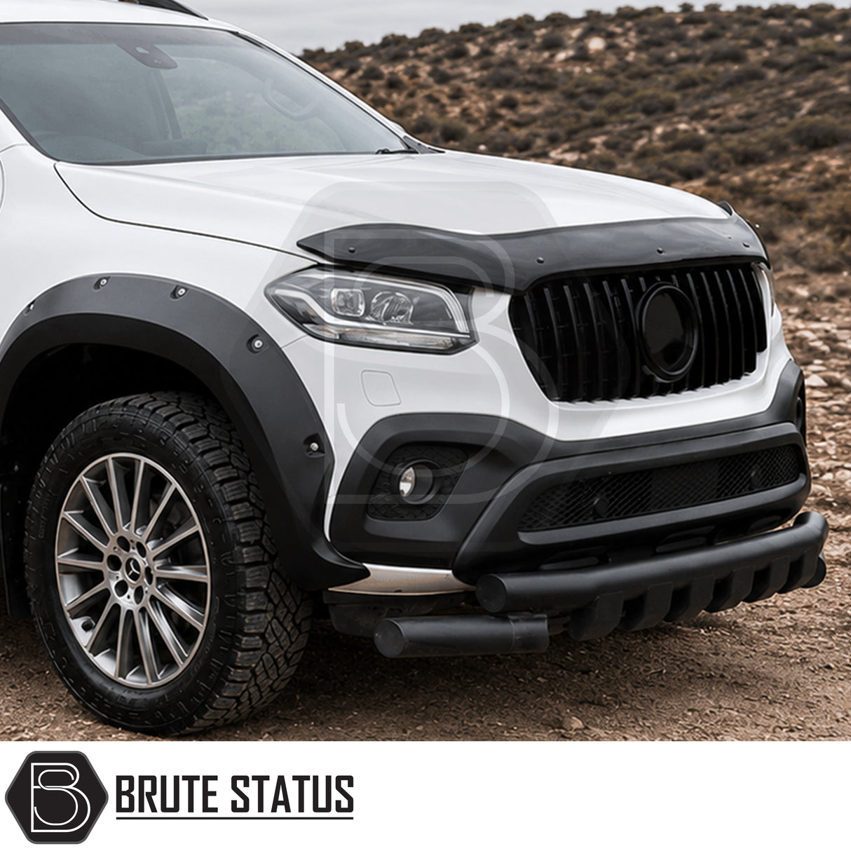 White Mercedes X-Class fitted with gloss black bonnet guard stone deflector providing bonnet protection and premium pickup truck styling