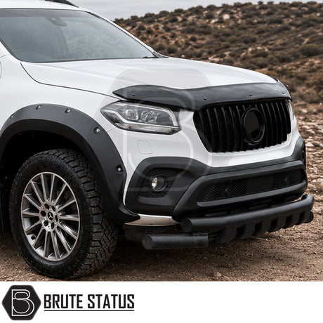 White Mercedes X-Class fitted with gloss black bonnet guard stone deflector providing bonnet protection and premium pickup truck styling