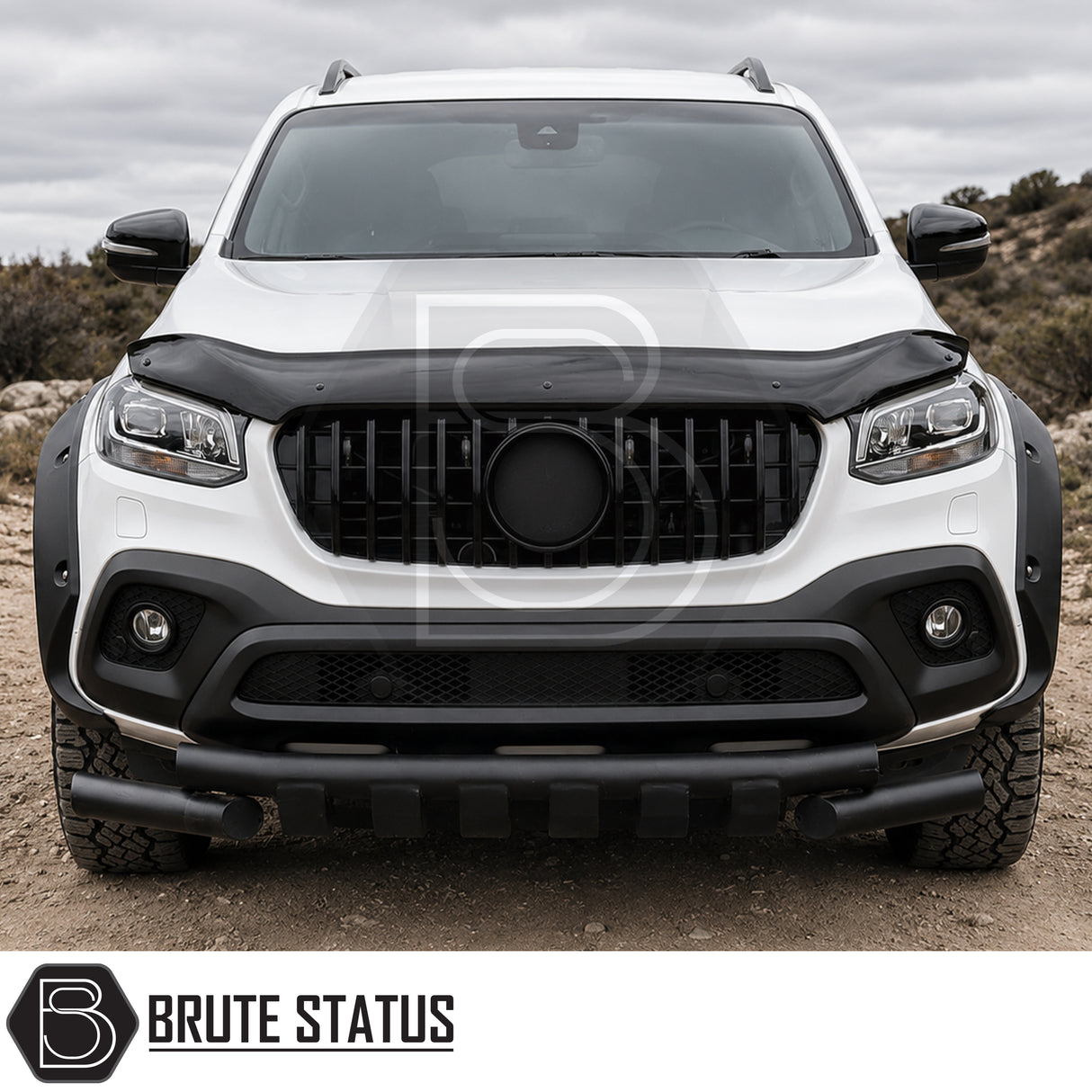 White Mercedes X-Class with ABS bonnet stone deflector fitted, combining bug protection, chip resistance and rugged aftermarket styling