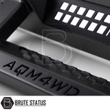 Close up of matte black AQM powder coated carbon steel side steps for Mercedes X-Class pickup truck offroad 4x4 vehicle. All mounting hardware included. 