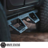 Fitted close up of matte black carbon steel powder coated AQM side steps for pickup truck offroad 4x4 vehicle. Suitable for overlanding set ups and easy access. 