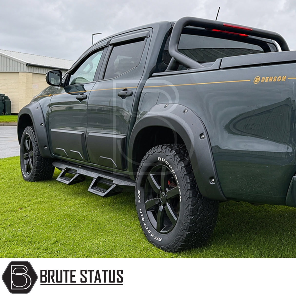 Heavy duty carbon steel matte black powder coated side steps with mounting hardware instructions included. Fitted to Mercedes X-Class pickup truck offroad 4x4 vehicle. 