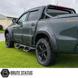 Heavy duty carbon steel matte black powder coated side steps with mounting hardware instructions included. Fitted to Mercedes X-Class pickup truck offroad 4x4 vehicle. 