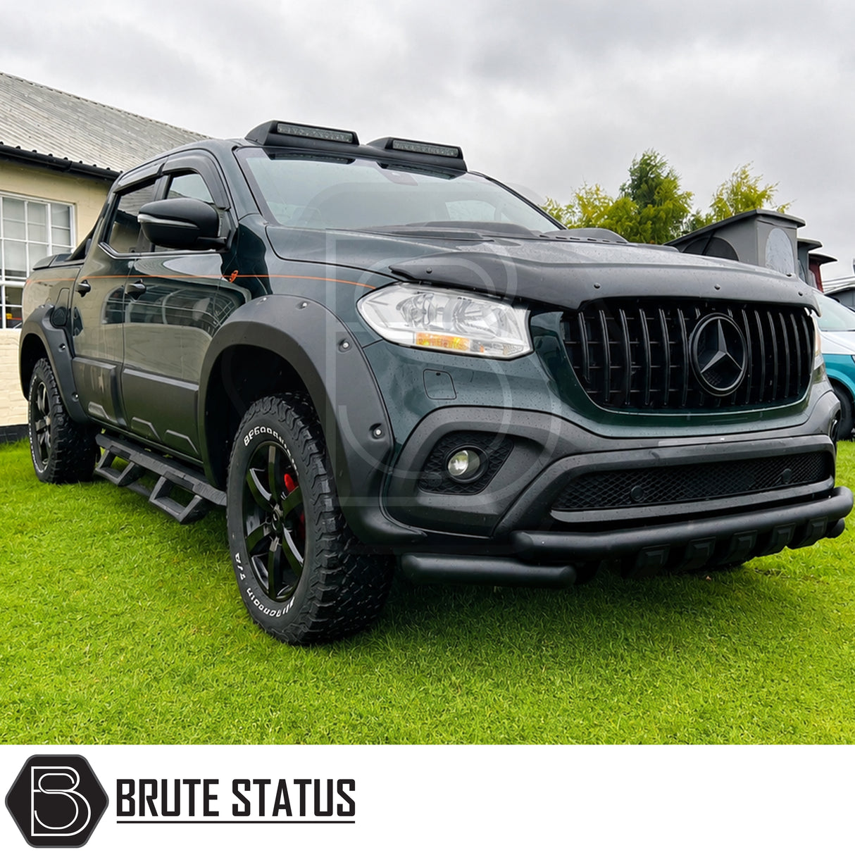 Fitted heavy duty matte black powder coated fitted to Mercedes X-Class pickup truck offroad 4x4 vehicle. Suitable for overlanding set ups, additional truck support. 
