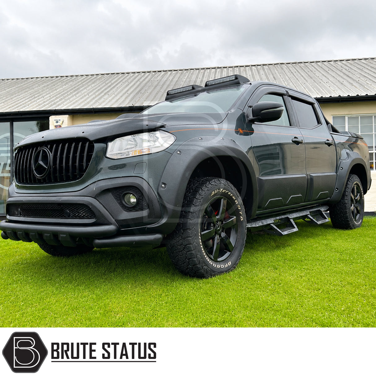 Heavy duty matte black powder coated carbon steel mounted side steps fitted to black Mercedes X-Class pickup truck offroad 4x4 vehicle. Including all mounting hardware for easy and straightforward installation. 