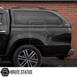 Rear view of Mercedes X-Class with Truckman Grand Canopy, featuring side window and roof rails, enhancing storage and security.