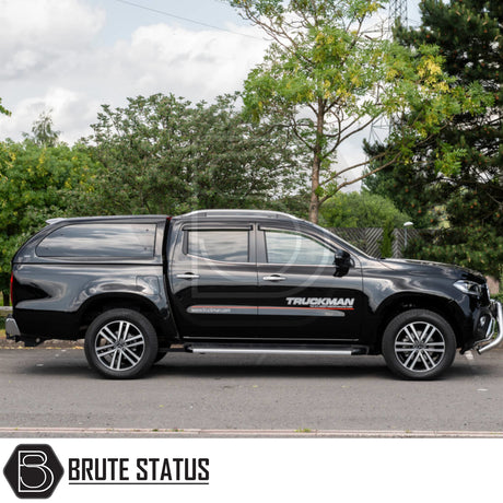 Mercedes X-Class 2017-2020 Truckman Grand Hardtop Canopy with remote locking, featuring cab-high design and tinted windows for enhanced security and aerodynamics.