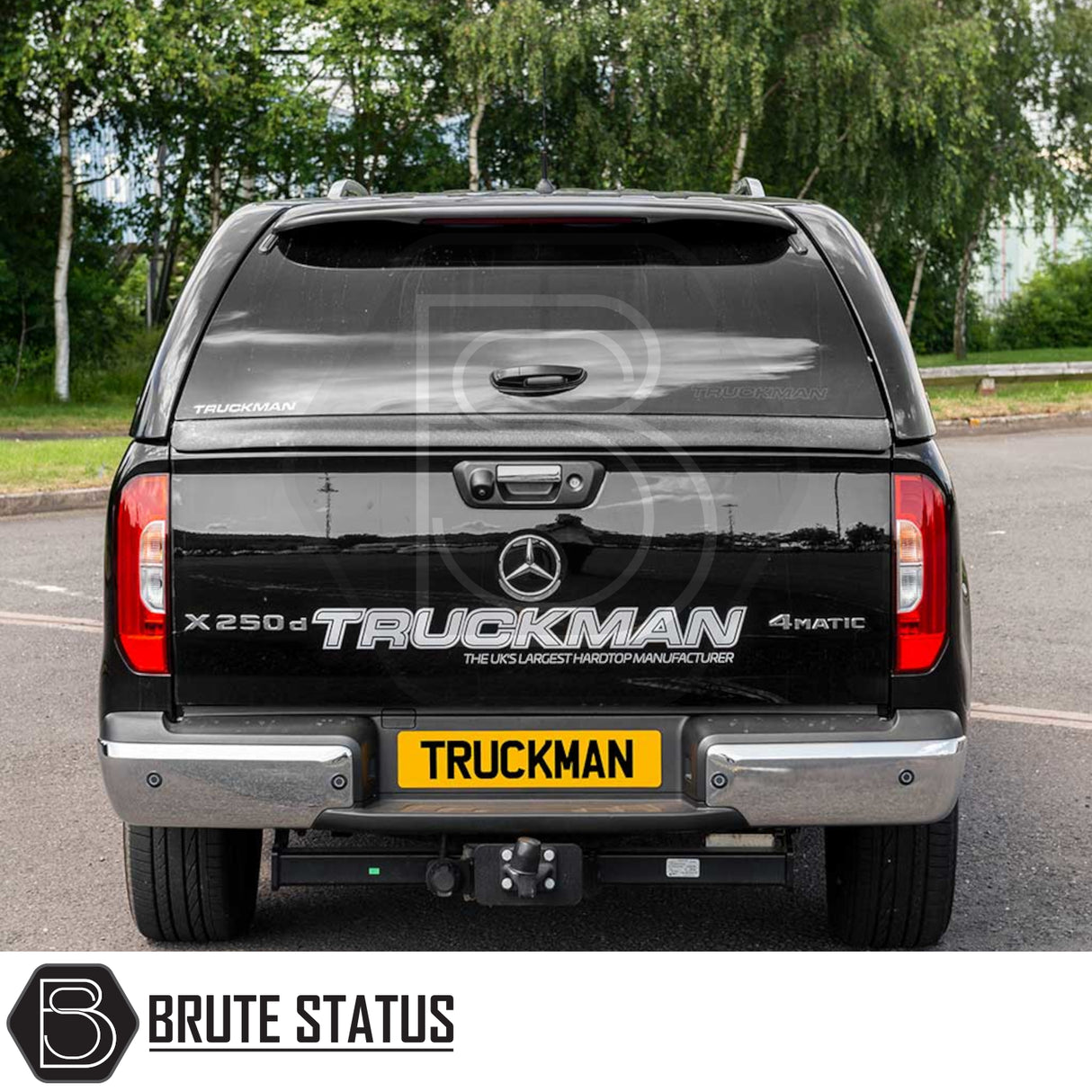 Mercedes X-Class with Truckman Grand Hardtop Canopy features remote locking, tinted windows, and tow hitch, showcasing enhanced storage and style. Watermarked Brute Status.