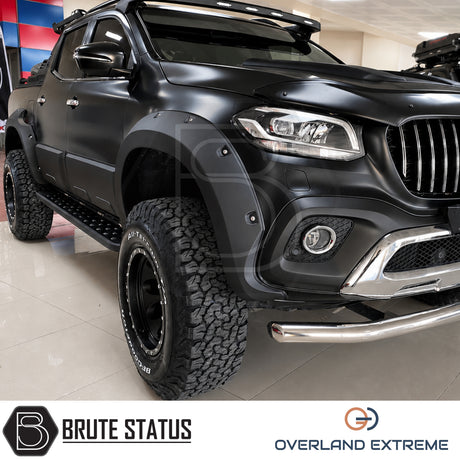 Mercedes X-Class 2017-2020 Overland Extreme wide wheel arch kit in matte black, premium riveted style wheel arch extensions for Double Cab pickup trucks.